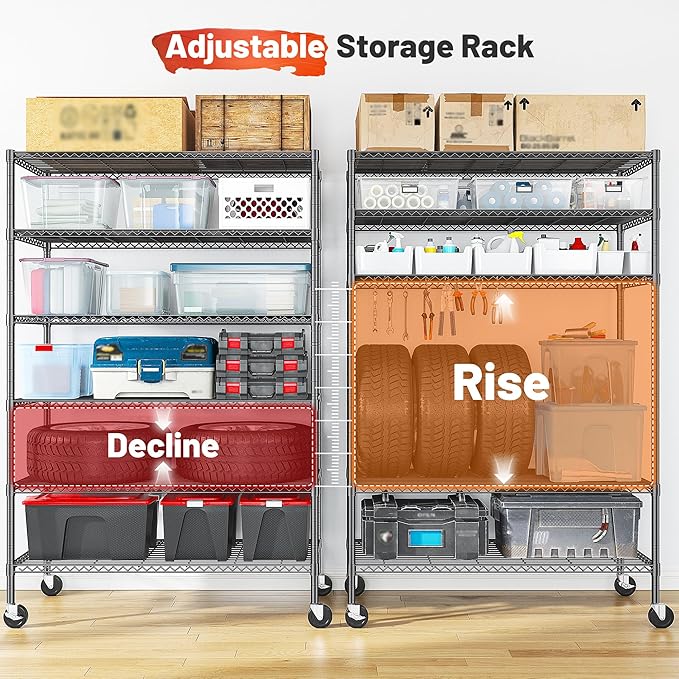 Romorgniz 82" H X45 W X18 D Storage Shelves with Wheels, 6 Tier Wire Shelving Adjustable Metal Shelving Pantry Shelves Capacity 1200LBS for Garage Shelving, Pantry, Kitchen, Closet, Black,2P