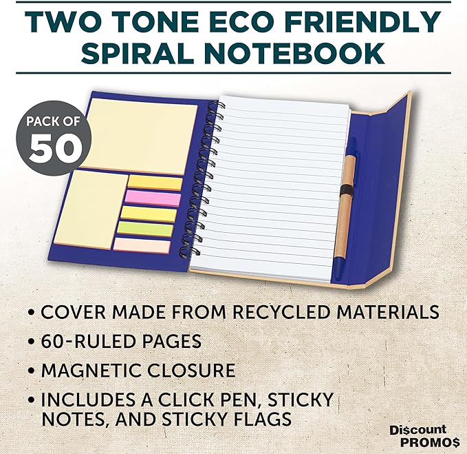 DISCOUNT PROMOS Custom Eco Friendly Spiral Notebooks with Pens Set of 50, Personalized Bulk Pack - Perfect for School, Office, Home - Blue