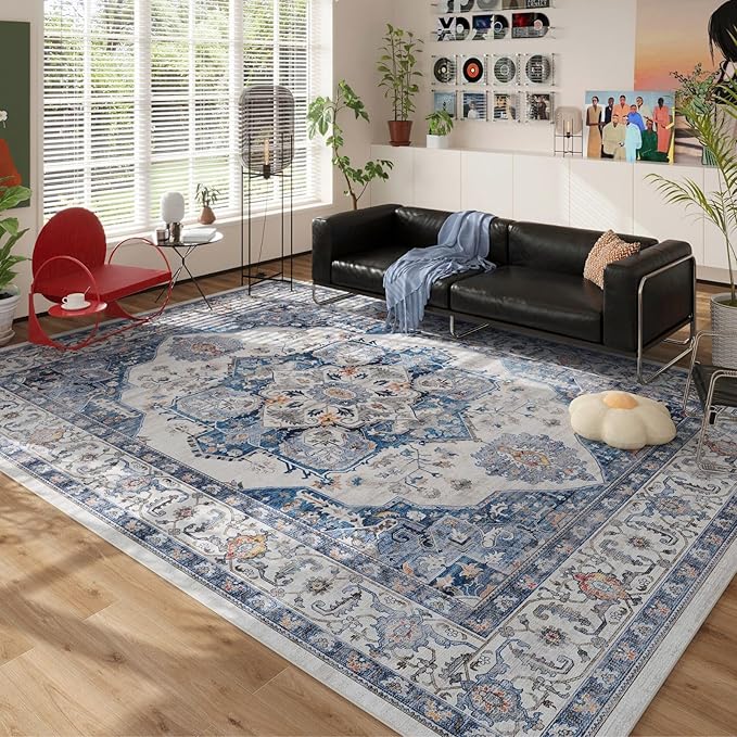 Rugcomf Vintage Medallion Living Room Rug 5'x7' - Machine Washable Area Rug, Non-Slip Low Pile Boho Carpet for Bedroom, Dining Room, Farmhouse, Office, Kids Playroom - Blue