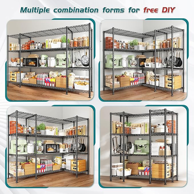 REIBII 78.4" W Storage Shelves Load 1500LBS, Metal Shelving 4-Tier Wire Shelving Unit Garage Shelving for Storage, Metal Shelves for Pantry Commercial Kitchen Garage, 11.8''D x 59''H,2P