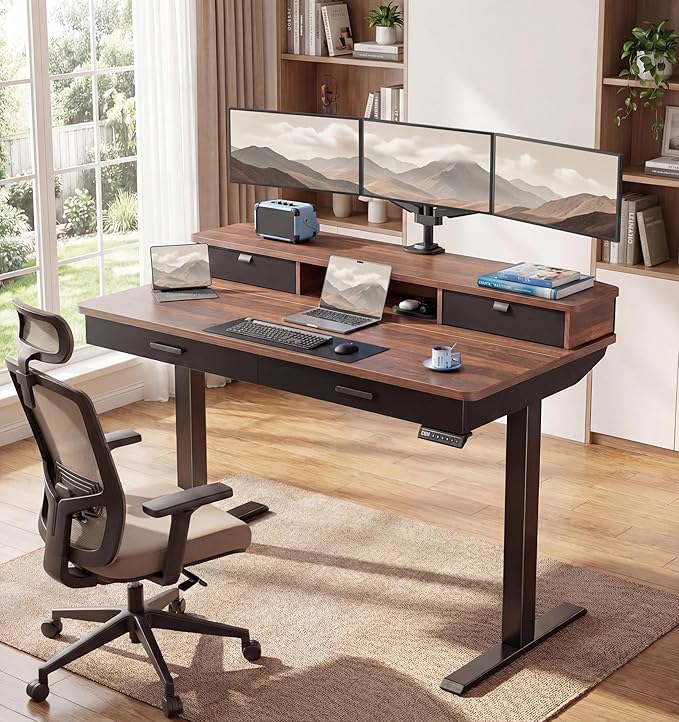 HUANUO 55 x 30 inch Electric Standing Desk with Wood Drawers, Adjustable Height Sit Stand Home Office Desk with Two Tiers, Ergonomic Adjustable Stand up Desk C-Clamp Monitor Mount Compatible, Walnut