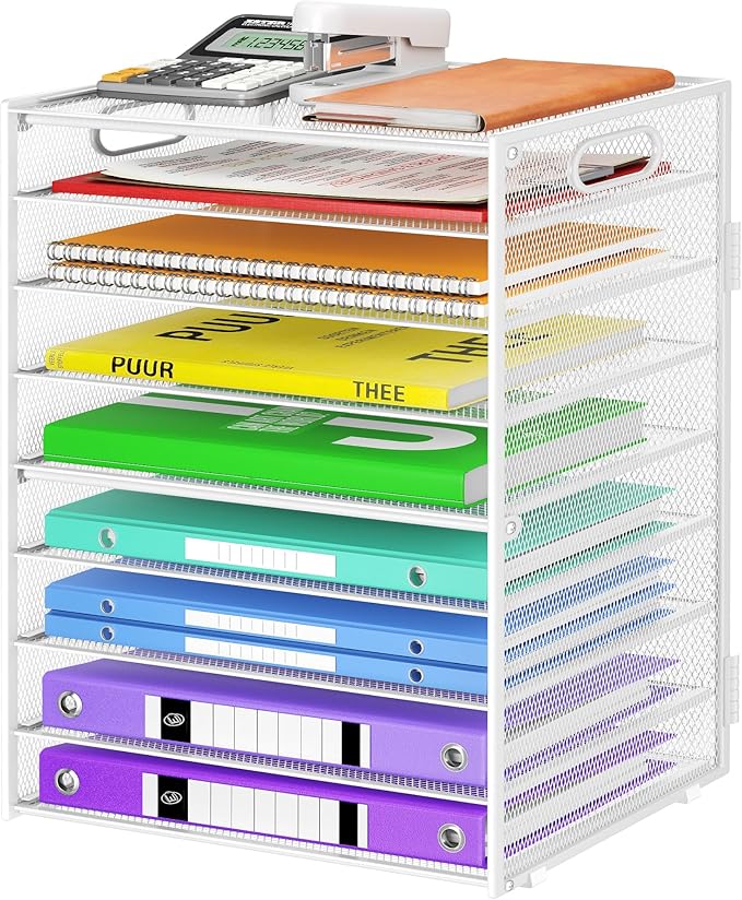 Cawukege 9 Tier Paper Organizer with Handle, Large Capacity Desk Organizer Mesh File Folder Letter Paper Tray Desktop Document Sorter for Classroom, School, and Office Accessories Organization- White