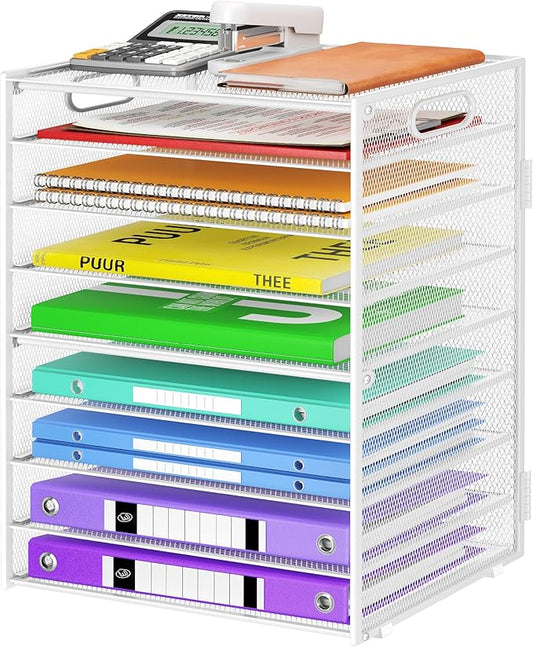 Cawukege 9 Tier Paper Organizer with Handle, Large Capacity Desk Organizer Mesh File Folder Letter Paper Tray Desktop Document Sorter for Classroom, School, and Office Accessories Organization- White