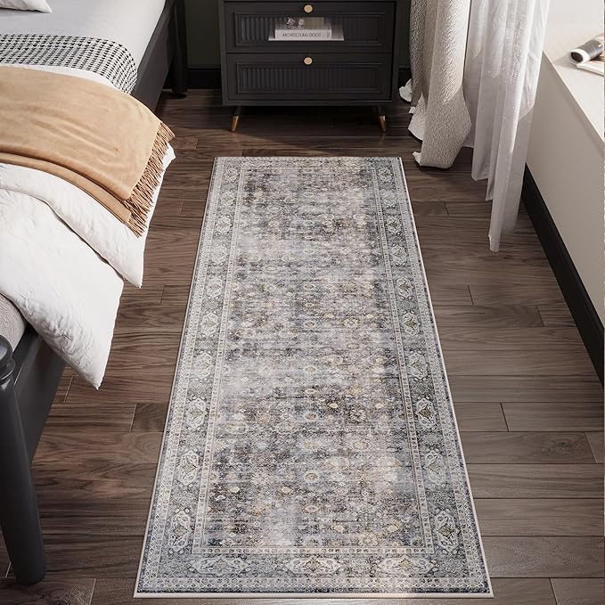 Rugcomf Runner Rug for Hallways Kitchen Non Slip 2'x 6' Washable Rugs with Rubber Backing Soft Floral Carpet for Hallways, Kitchen, Laundry, Bedroom, Bathroom(Grey)