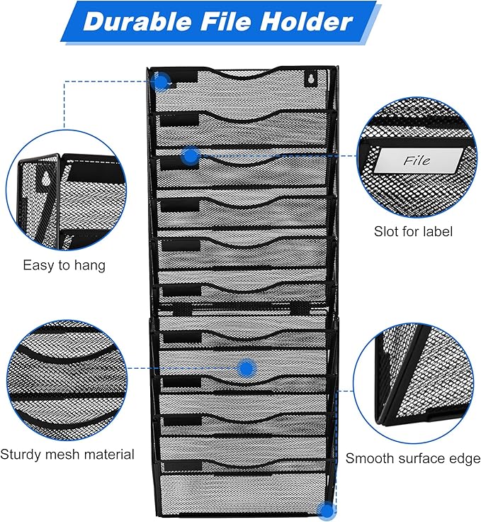 Solinxe Wall File Holder, 10 Pockets Hanging File Folder, Paper Organizer Storage, Document Rack, Mail Holder, Magazine Rack, Wall Organizer for Office, Black