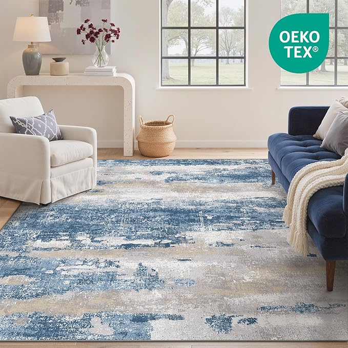 GENIMO No Crease Non Slip 8x10 Area Rugs for Living Room, Craft Woven Modern Abstract Rug, Soft Floor Carpet, Single-Piece Rugs for Bedroom, Dining Room, Office, Blue