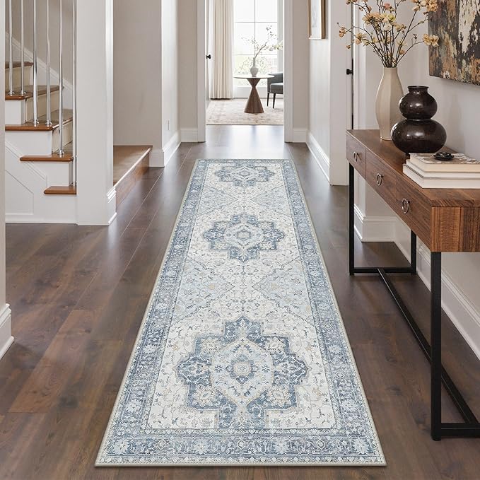 GENIMO Runner Rug 2'6"x6 Machine Washable Non Slip Vintage Hallway Runner Rug, Low Pile Lightweight Rugs for Indoor Entryway, Hallway, Kitchen and Corridor, Light Blue