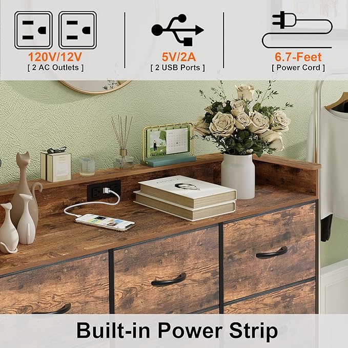 Welfuturer Dresser for Bedroom with 12 Drawers Clothes Dresser with Charging Station and LED Light Fabric Storage Tower for Living Room Hallway Closet Sturdy Steel Frame Wooden Top Rustic Brown