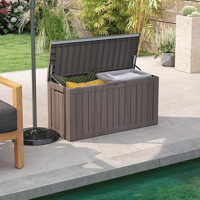 Yardgrace 80 Gallon Outdoor Storage Box Waterproof, Resin Deck Boxes with Lockable Lid & UV-Resistant for Patio, Pool, Garden Furniture Cushions & Accessories, Coffee