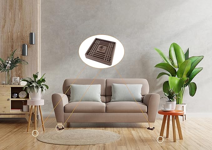 VOCOMO 4X4 Rubber Caster Cups, Non Slip Furniture Pads, Anti-Slip Gripper, Anti Skid Furniture Feet, Anti Slide Floor Protector for Bed Couch Stoppers - 8 Pack, Brown