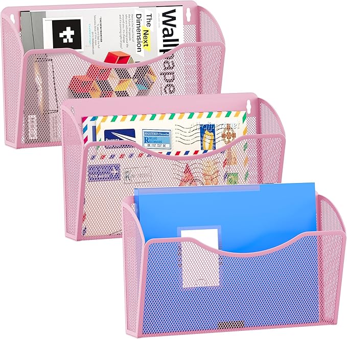 EasyPAG 3 Single Pocket Wall File Organizer, Mesh Hanging File Folder Organizer for Letter/A4 Size Folders, Wall Mounted Vertical Mail Holder for Paperwork, Office, Home, School, Pink