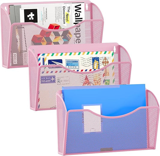 EasyPAG 3 Single Pocket Wall File Organizer, Mesh Hanging File Folder Organizer for Letter/A4 Size Folders, Wall Mounted Vertical Mail Holder for Paperwork, Office, Home, School, Pink