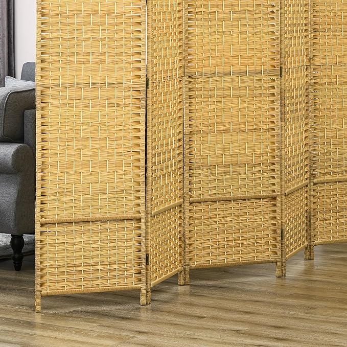 HOMCOM 6 Panel Room Divider, 6' Tall Folding Privacy Screen, Hand-Woven Freestanding Wall Partition for Home Office, Bedroom, Nature Wood