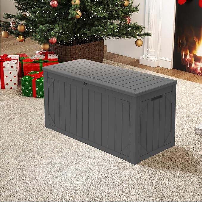 Decksplore 100 Gallon Outdoor Storage Box Waterproof, Lockable Resin Deck Box Patio Storage Bin for Pool Accessories Cushion Furniture, Garden Tools, UV-Resistant Outside Delivery, Grey