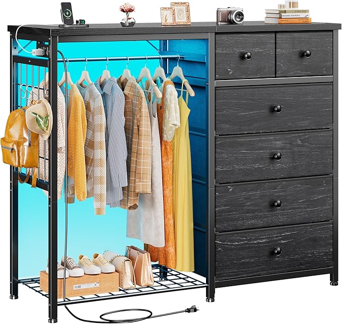 EnHomee 49.2" W Dresser for Bedroom with Hanging Rack 6 Drawers Dresser with LED Lights & Charging Station, Fabric Dressers & Chest of Drawers with 4 Hooks, Wooden Top, Grid Panel, Black