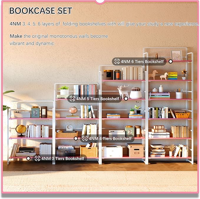 4NM No Assembly 5 Tiers Folding Bookshelf Storage Shelves Vintage Bookcase Standing Racks Study Organizer Home Office (Pink White)