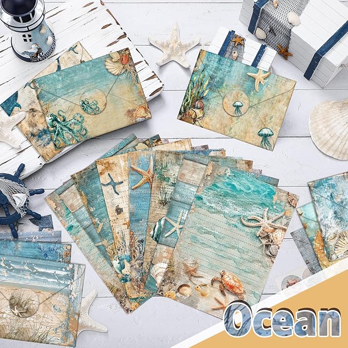 TaoBary 160 Pcs Stationery Paper Set 50 Double Sided Stationery Papers with 50 Matching Envelopes and 60 Round Dot Sticker, 10 Design (Ocean,5.5 x 8.25 Inch)