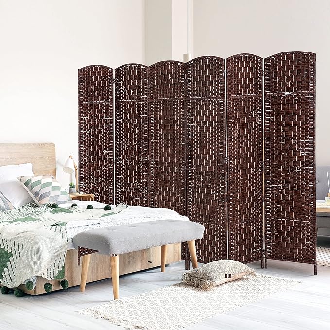 HOMCOM Room Divider, 6 Panel Folding Privacy Screen, 6FT Tall Portable Wicker Weave Partition Wall Divider for Bedroom, Home Office, Brown