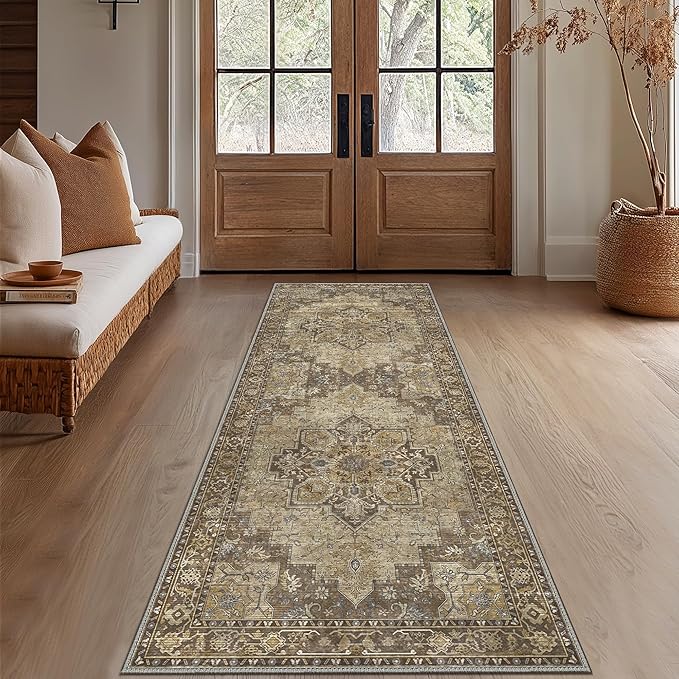 GENIMO 2x5 Runner Rugs for Hallway, Machine Washable Non Slip Vintage Retro Rugs, Low Pile Lightweight Soft Print Rug for enrtyway, Corridor, Home Office, Kitchen, Rustic Brown