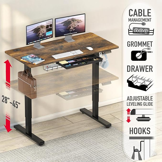SHW 48-Inch Electric Height Adjustable Standing Desk with Drawer, Memory Preset and Cable Management Tray, Rustic Brown