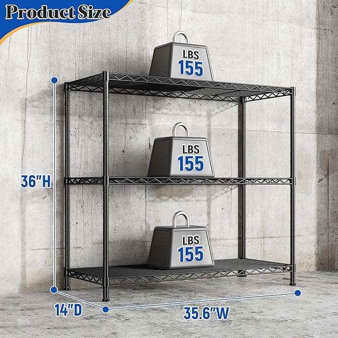 3- Shelf Metal Shelving Unit 35.6Wx14Dx36H,Adjustable Storage Shelves Heavy Duty Garage Steel Shelving for Office,Wire Rack Small Shelf for Kitchen Shelves Laundry Bathroom Pantry Closet Black