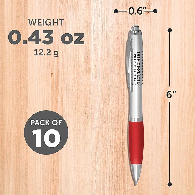 DISCOUNT PROMOS Personalized Ballpoint Pens With Rubber Grip, 10 pack Customizable Ergonomic Click-to-Write Custom Writing Pens for School with Black Ink, Red