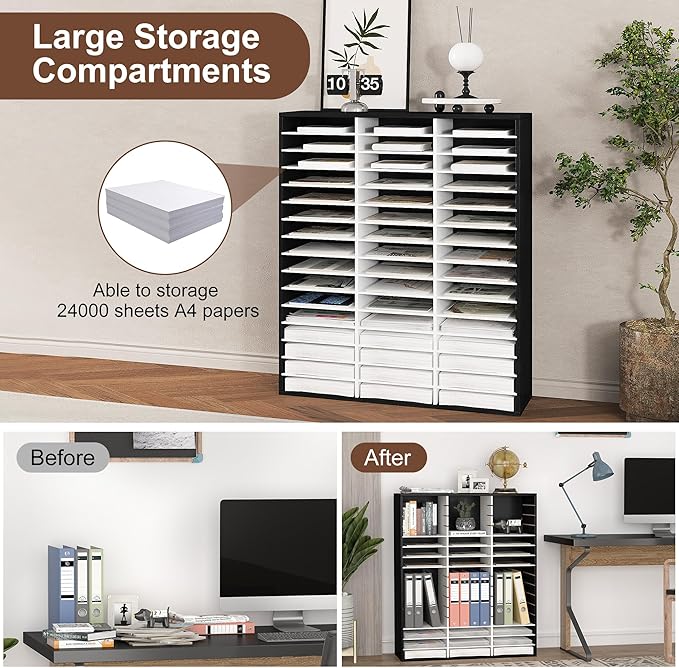 EasyPAG Wooden Literature Organizer with Adjustable Shelves, 48 Compartments Office Paper Organizer Storage 24000 Sheets Letter Size Paper, Student Mailbox for Classroom, Black/White