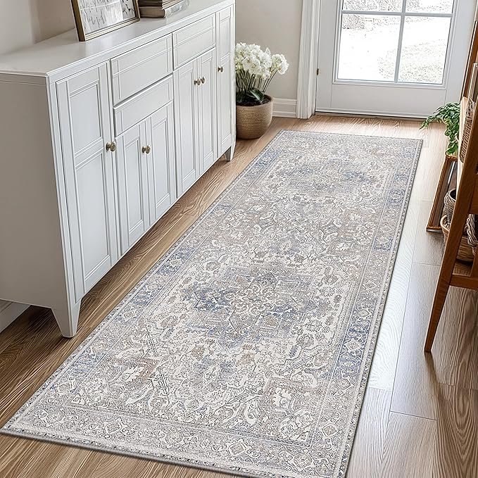 GENIMO 2'6"x8 Runner Rugs for Hallway, Machine Washable Non Slip Vintage Retro Rugs, Low Pile Lightweight Thin Print Rug for enrtyway, Corridor, Home Office, Kitchen, Khaki Blue