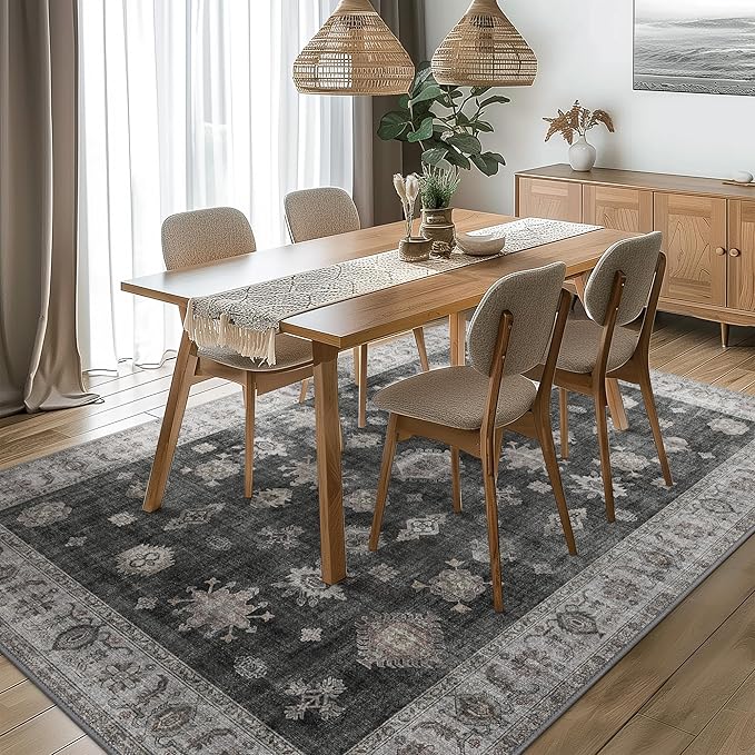 GENIMO 5x7 Area Rugs for Living Room, Machine Washable Non Slip Vintage Retro Rugs, Low Pile Lightweight Chenille Print Rug for Bedroom, Dining Room, Home Office, Charcoal