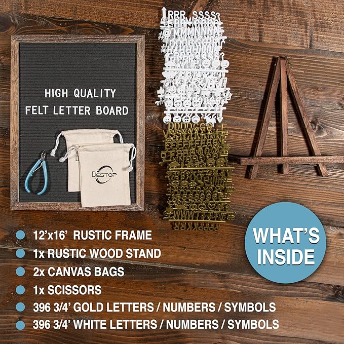 Felt Letter Board with Rustic Vintage Frame and Stand 12x16 inch,Grey Changeable Letter and Message Board Includes 792 Letters, Numbers and Symbols, Hook to Hang, 2 Canvas Bags