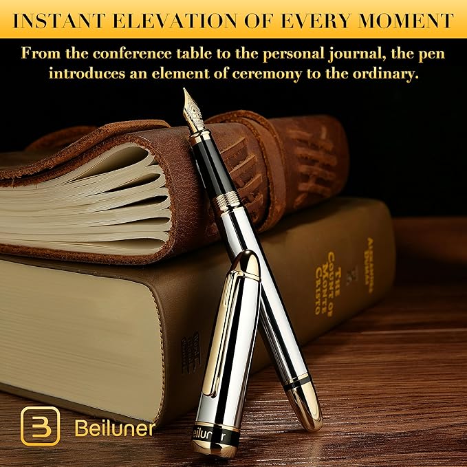 BEILUNER 315 Silver Chrome Fountain Pen,Stunning Luxury Pens with 24K Gold Accents, Gorgeous 24K Gilded Nib(Fine), Ink Converter,Fancy Pen Gift for Men&Women-Elegant, Office, Writing, Nice Design