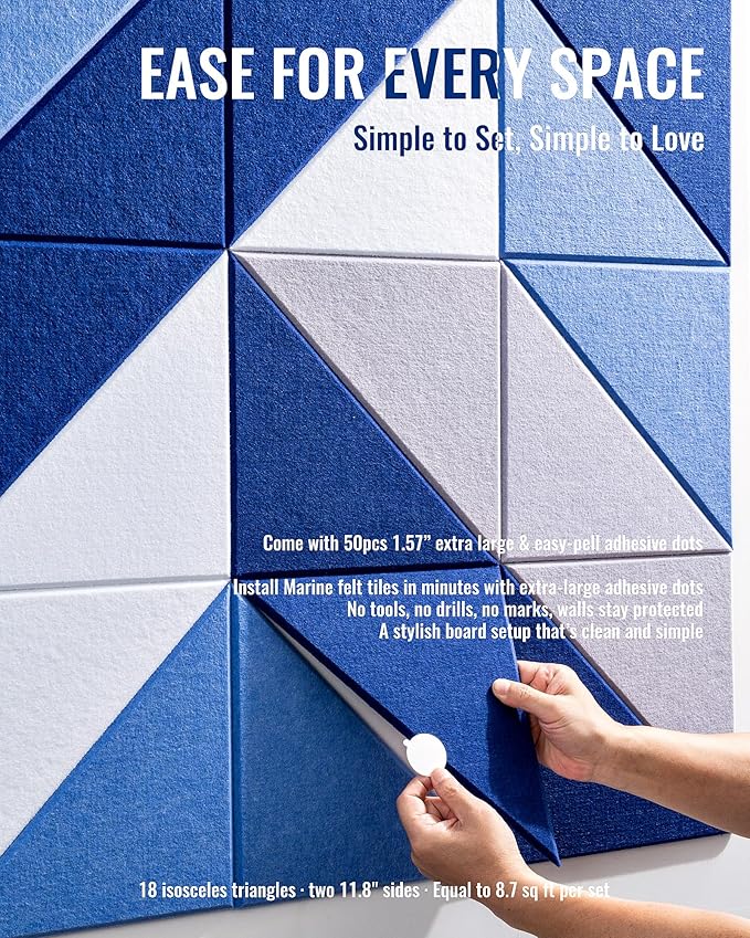 PebblingQ Felt Wall Tiles Bulletin Board, Marine Blue White Panels, Modular Decorative Boards for Home Office, Kids Room, Nursery, DIY Geometric Art Display, 18 Pack 11.8" Triangle Tiles (Marine)