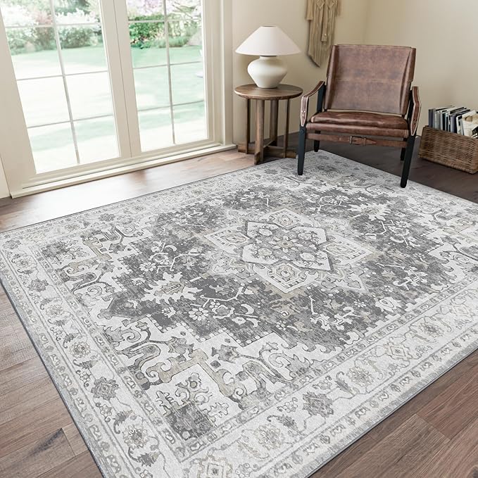 GENIMO 8x10 Area Rugs for Living Room, Machine Washable Vintage Non Slip Rugs, Low Pile Lightweight Chenille Print Rug for Bedroom, Dining Room, Home Office, Gray/White