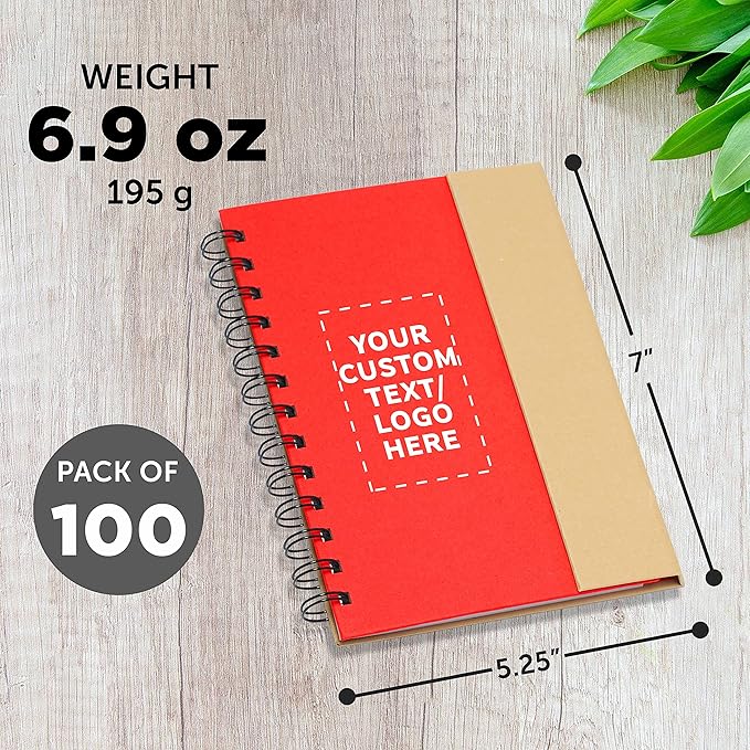 DISCOUNT PROMOS Custom Eco Friendly Spiral Notebooks with Pens Set of 100, Personalized Bulk Pack - Perfect for School, Office, Home - Red