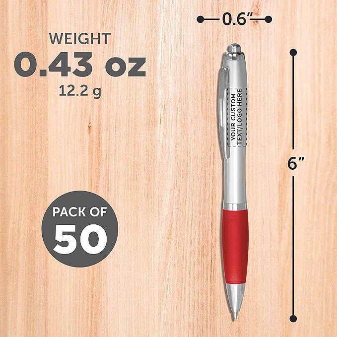 DISCOUNT PROMOS Personalized Ballpoint Pens With Rubber Grip, 50 pack Customizable Ergonomic Click-to-Write Custom Writing Pens for School with Black Ink, Red
