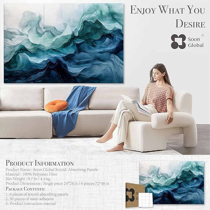 Soon Global Acoustical Wall Panels, 72 X 48 Inches Art Acoustic Panels, Decorative Acoustic Panels, Acoustic Wall Panels, Sound Absorbing Wall Art, Aqua Dreams