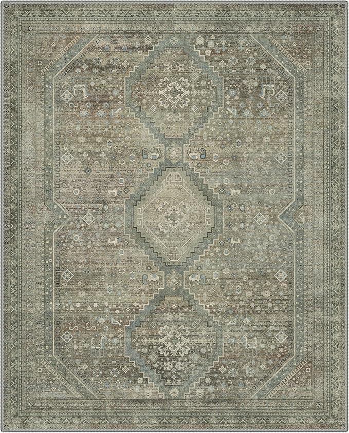GENIMO 6x9 Area Rugs for Living Room, Machine Washable Non Slip Rugs, Low Pile Lightweight Vintage Print Rug for Bedroom, Dining Room, Home Office, Sage/Blue