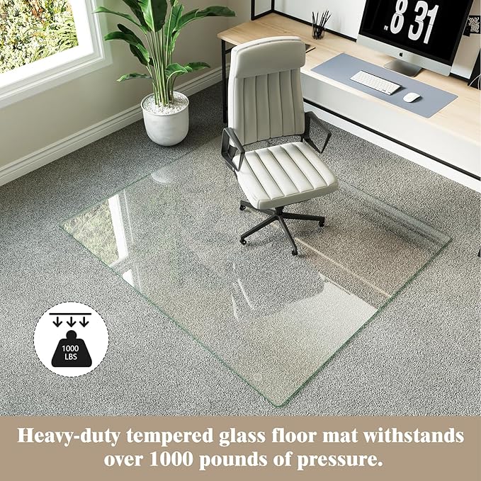 Koonmi Tempered Glass Chair Mat for Hardwood Floors & Carpets, 42" x 48“ Transparent Heavy Duty Office Floor Protector with Noise-Free Gliding Shatterproof for Home Office Desk