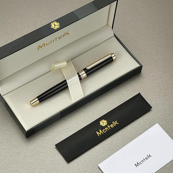 MCNTEIK 317 Fountain Pen,Stunning Luxury Piano Lacquer,18K Gilded Nib(Medium),Gorgeous 24K Gold Finish, Ink Converter,Trustworthy Gift for Men&Women-Elegant,Executive,Nice Pens for Writing, BK-M