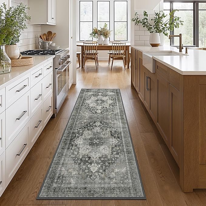 GENIMO 2x7 Runner Rugs for Hallway, Machine Washable Non Slip Vintage Rugs, Low Pile Lightweight Soft Print Rug for enrtyway, Corridor, Home Office, Kitchen, Charcoal Gray