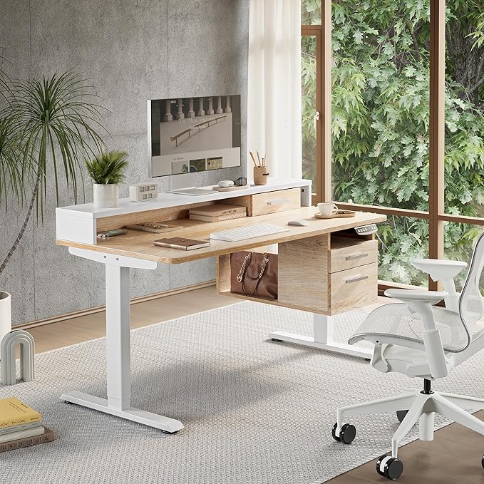 FEZIBO Electric Standing Desk 48 x 24 Inch with Monitor Shelf, 3 Drawers and Open Storage, Home Office Computer Workstation, Maple, 2 Packages