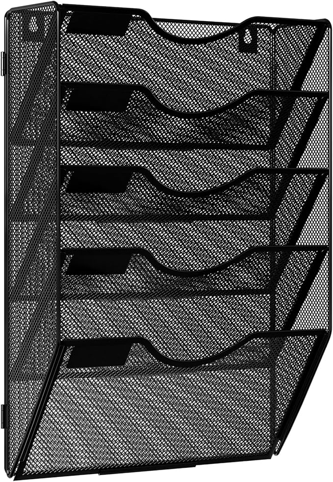 Solinxe Wall Hanging File Holder 5 Pocket Wall Mounted Paper Organizer Magazine File Holder Storage Rack,Black