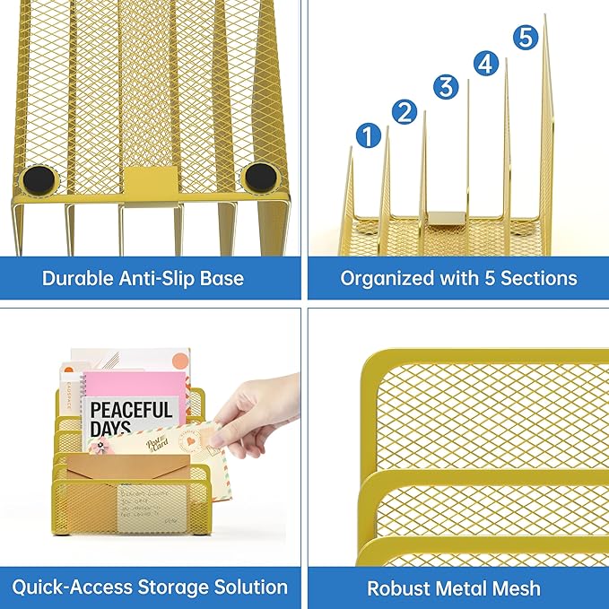 ReePlan Mail Organizer Countertop with 5 Slot, Metal Mail Holder for Desk, File Holder Letter Sorter for Envelope, Bill and Document (Gold)