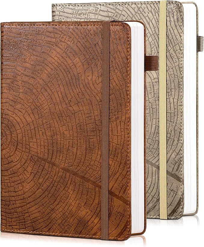 CAGIE Lined Journal for Men Women, Tree Growth Ring Leather Bound Journal Notebook, 256 Pages 100 GSM Journals for Writing, A5 Hardcover Journaling Notebooks,2 Pack (Brown & Khaki)