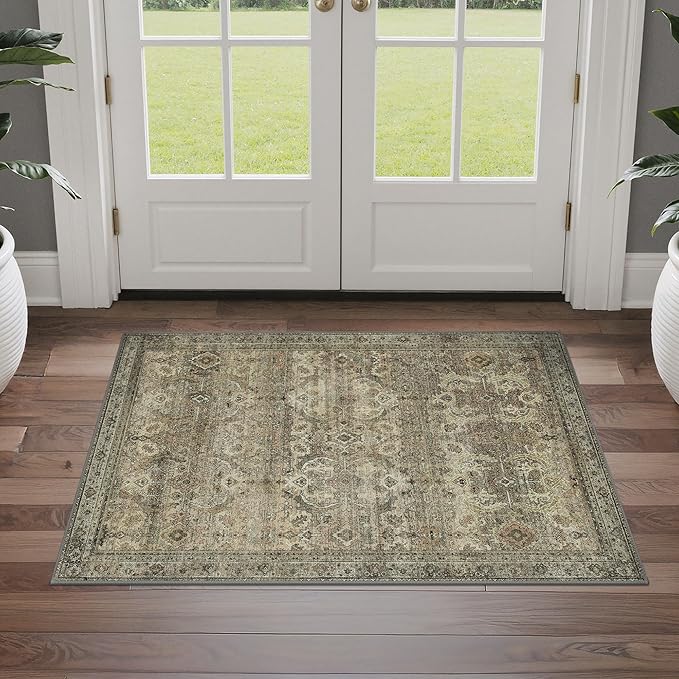 GENIMO 2x3 Area Rugs for Living Room, Machine Washable Non Slip Vintage Rugs, Low Pile Lightweight Chenille Print Rug for Bedroom, Dining Room, Home Office, Green Khaki
