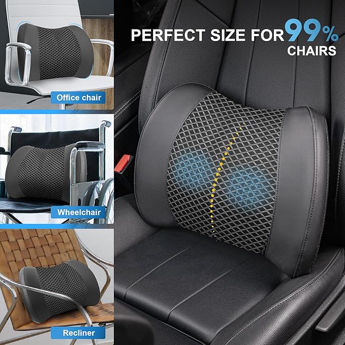 Lofty Aim Memory Foam Lumbar Cushion Provides Lower Back Pain Relief and Comfortable Support for Driving, Chair Support for Car-Office Chair, Wheelchair - Sleek Black