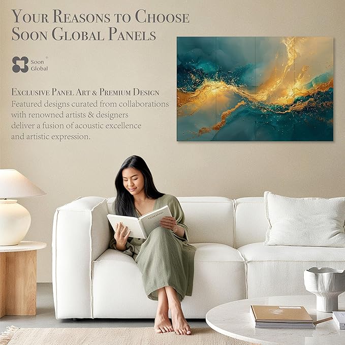 Soon Global Acoustical Wall Panels, 48 X 32 Inches Art Acoustic Panels, Decorative Acoustic Panels, Acoustic Wall Panels, Sound Absorbing Wall Art, Oceanic Gleam