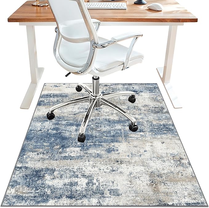 Office Chair Mat for Hardwood Tile Floor, Abstract 48"X 60" Desk Mats for Office Chair on Rolling Chairs Carpet, Desk Anti-Slip 1/5" Thick Rug for Computer Chair, Thin Low-Pile Floor Mat, Navy Beige