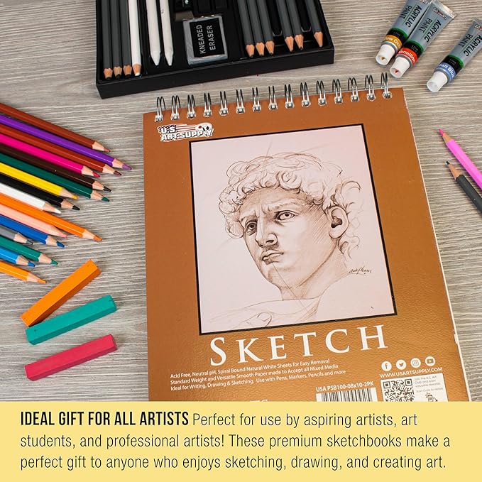 U.S. Art Supply 8"x10" Top Spiral Bound Sketch Book, 2 Pack, 100 Sheets Each, 60lb (100gsm), Acid-Free, Artist Sketchbook, Drawing Pad for Adults & Students