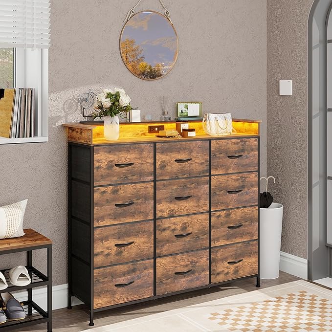 Welfuturer Dresser for Bedroom with 12 Drawers Clothes Dresser with Charging Station and LED Light Fabric Storage Tower for Living Room Hallway Closet Sturdy Steel Frame Wooden Top Rustic Brown